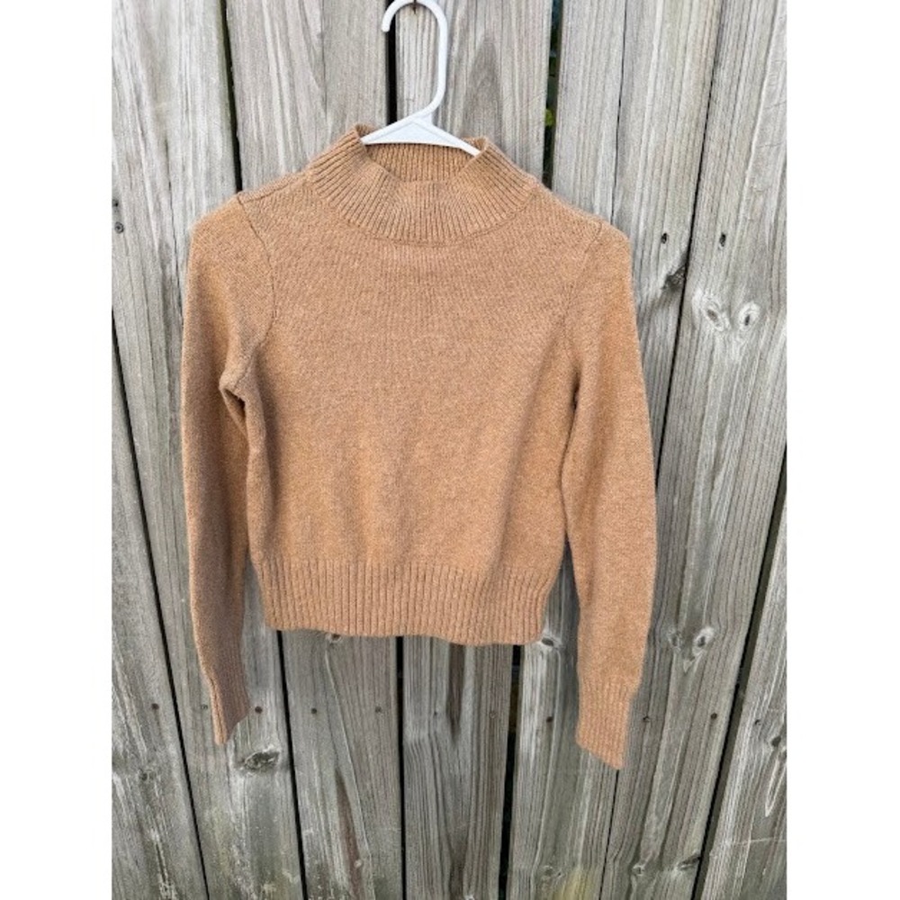 Academia Minimalist American Eagle Mock Neck Sweater XS Tan Ribbed Knit Pullover